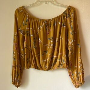 LA Gypsy Floral Crop Top Womens Size L Long Sleeve Gold Boho Feminine Fairy